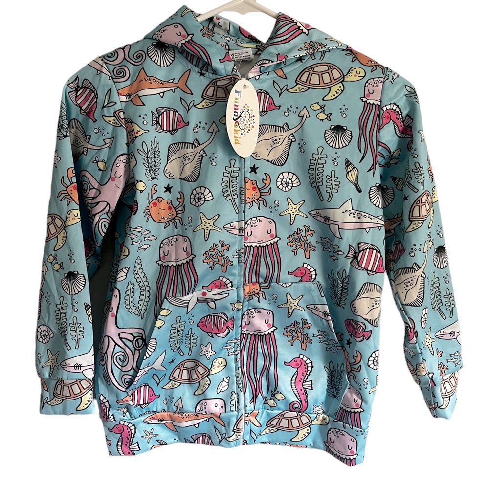 Girls Funny CoKid Hoodie Child’s Size Medium Baby Blue Aquarium Design